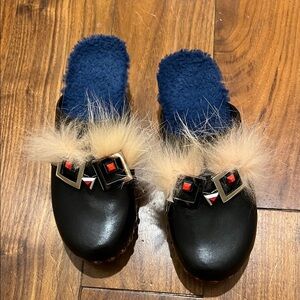 Fendi Black and Blue Fur Trim Monster Mules